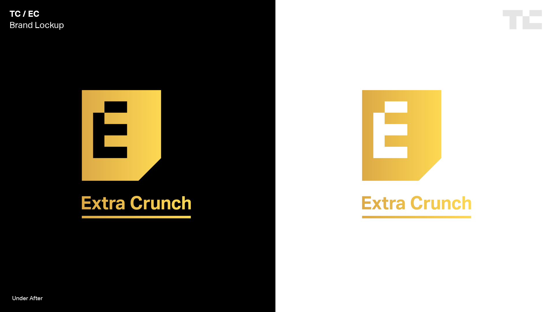 Extra Crunch logo lockup variations with TechCrunch parent brand shown on light and dark backgrounds
