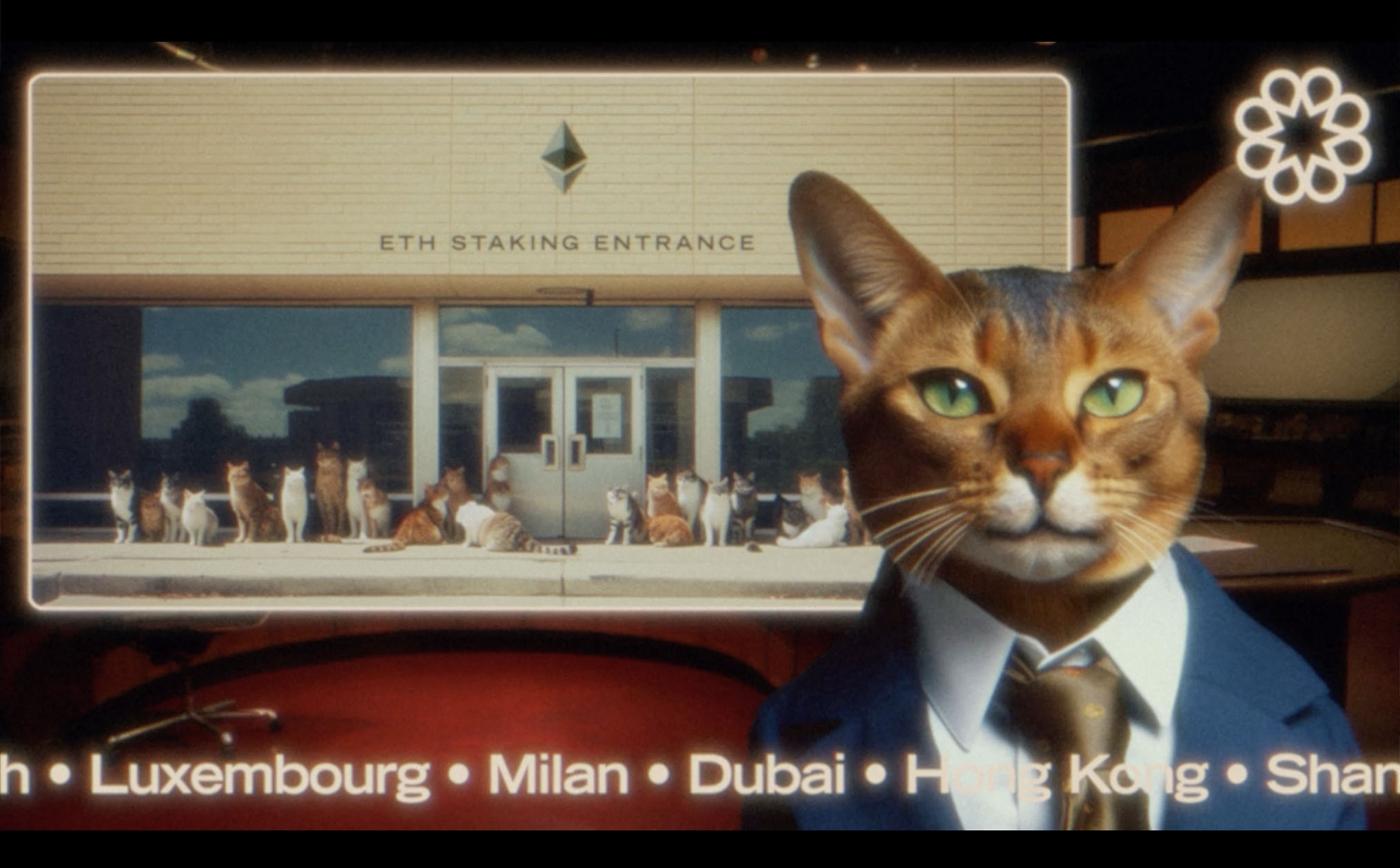 An animated cat newscaster spokesperson for a liquid staking protocol.