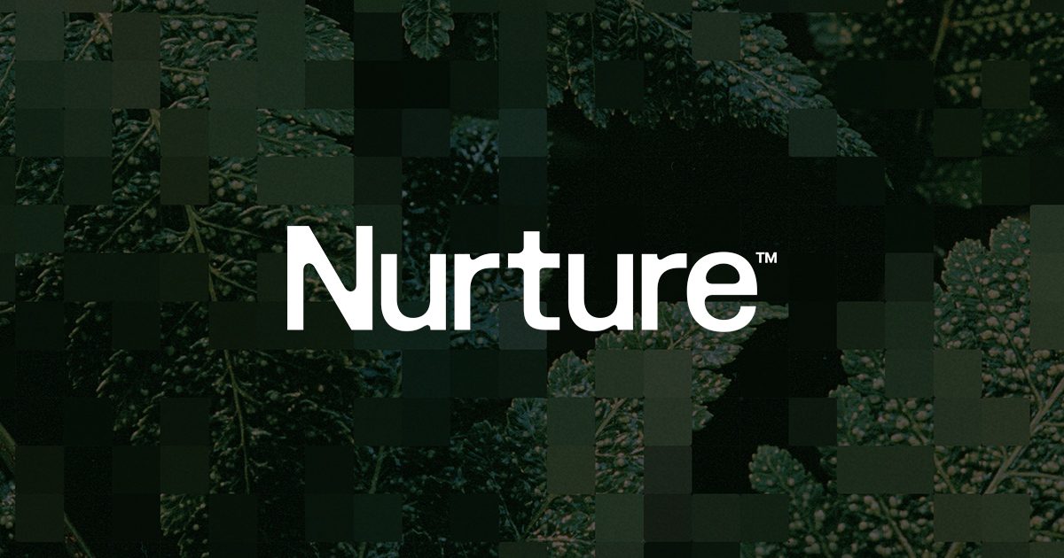 White Nurture wordmark over a pixelated grid of dark green foliage