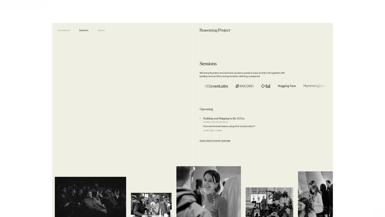 Reasoning Project website Sessions page with event partners and photography